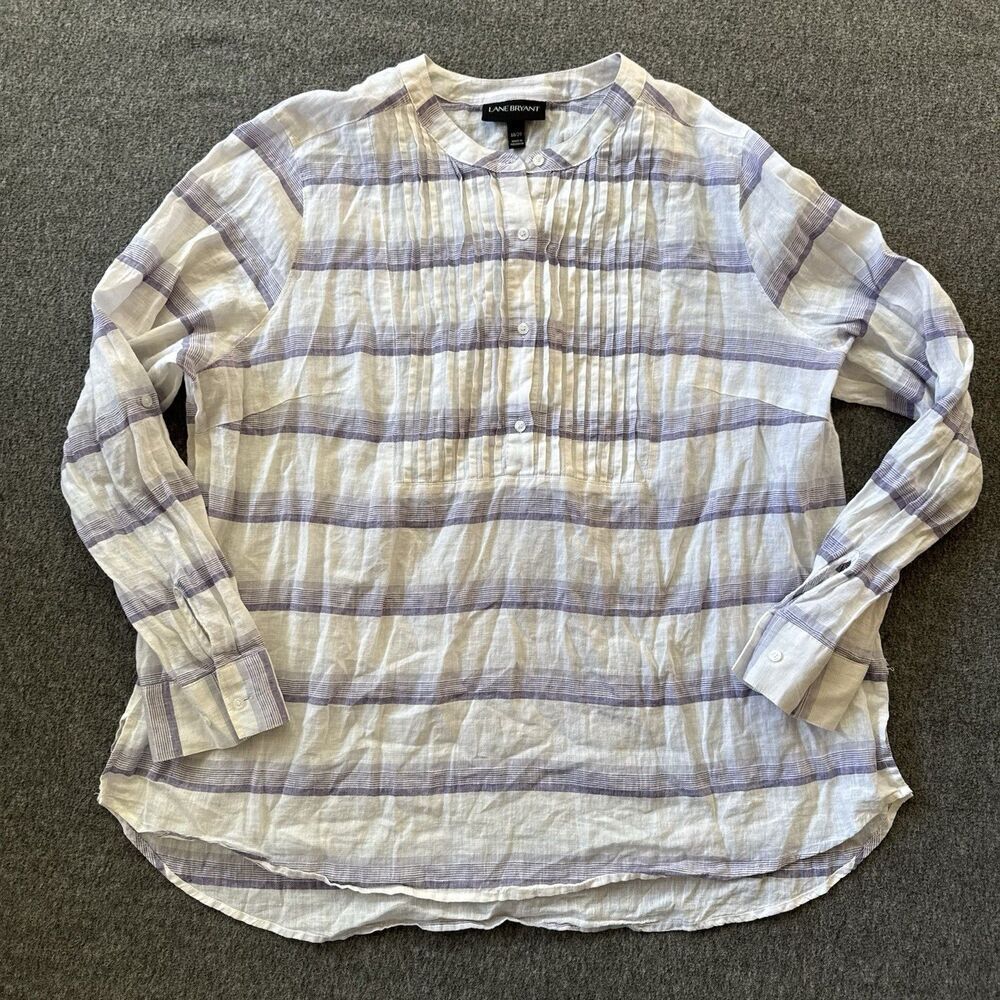Lane Bryant linen blend long sleeve pin tuck tunic top 18/20 White Purple Stripe - Picture 2 of 6